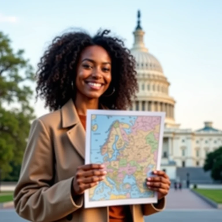 Mulher negra sorrindo em frente ao Capitólio dos EUA em Washington D.C.