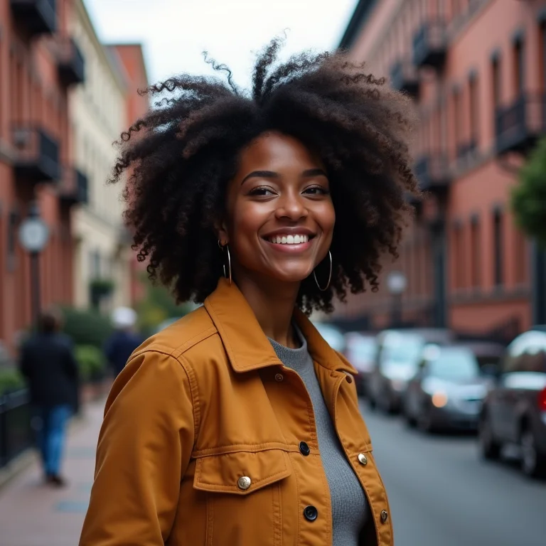 Mulher negra sorrindo em Georgetown, Washington D.C.