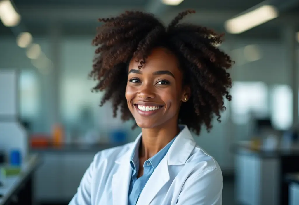 Mulher negra sorrindo em laboratório de biologia