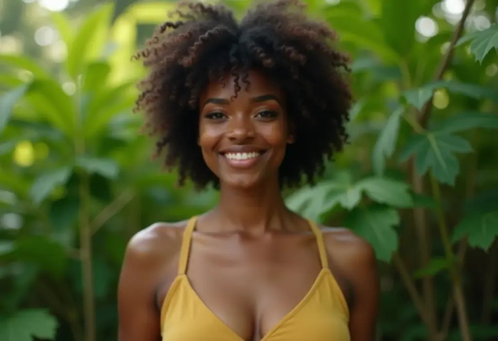 Moda Sustentável: O guia definitivo para um guarda-roupa consciente Mulher negra sorrindo em meio a natureza, vestindo roupas sustentáveis