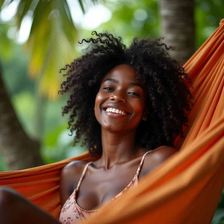 Mulher negra sorrindo em rede num resort no Brasil