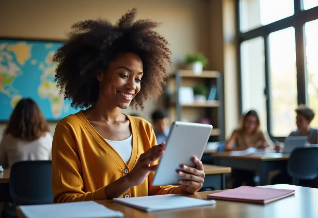 Mulher negra sorrindo em sala de aula moderna, usando tablet.
