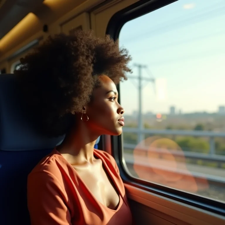 Mulher negra sorrindo em trem de alta velocidade