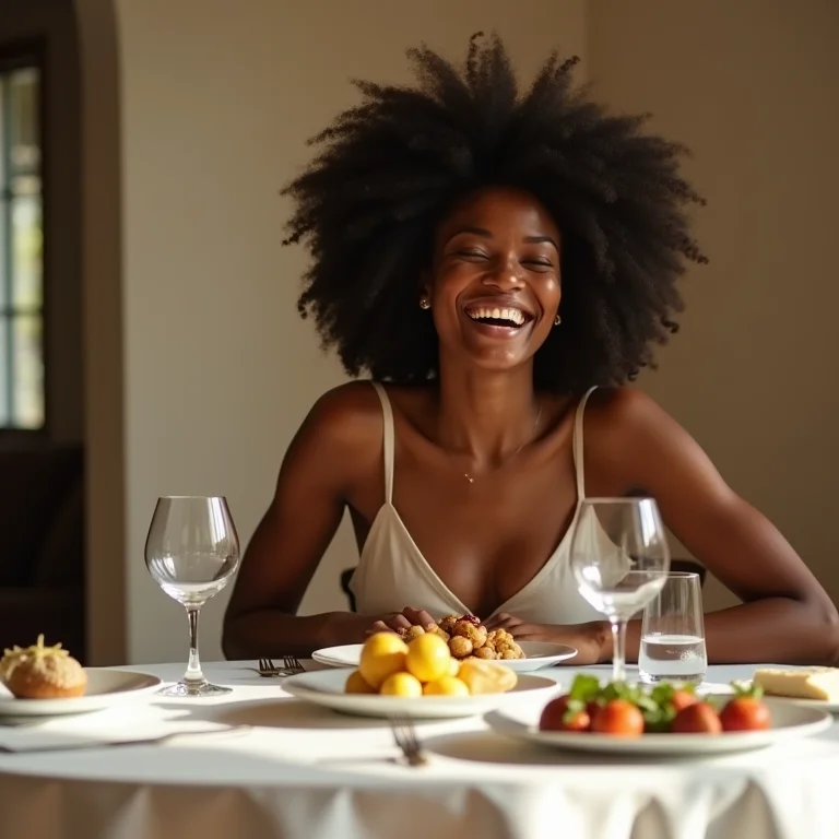 Mulher negra sorrindo em um jantar romântico.