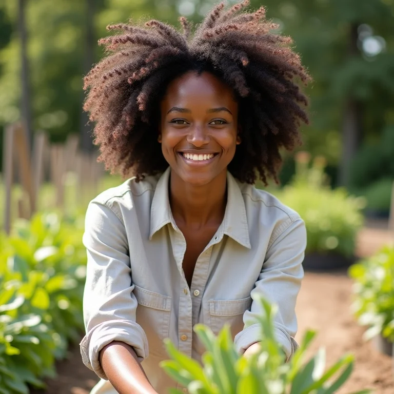 Mulher negra sorrindo em um jardim comunitário, promovendo a cultura de paz.