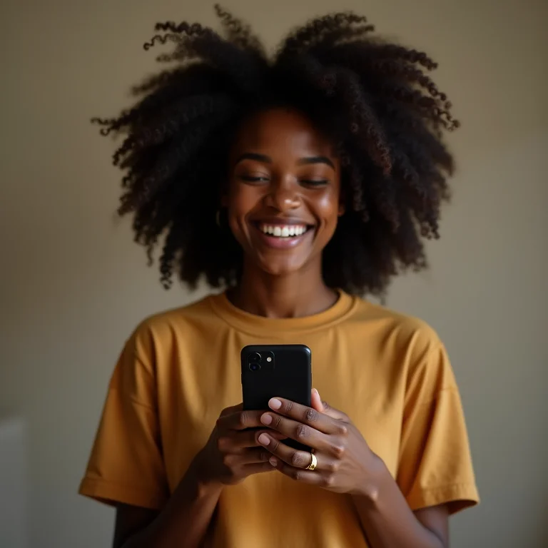 Mulher negra sorrindo em videochamada no celular