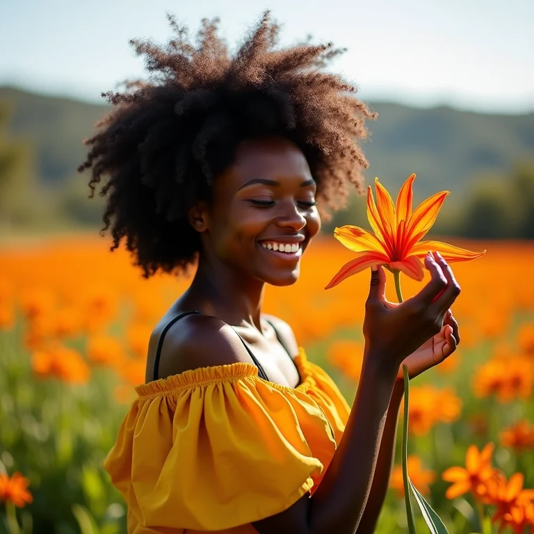 Mulher negra sorrindo enquanto admira a flor de um Mandacaru na Caatinga.