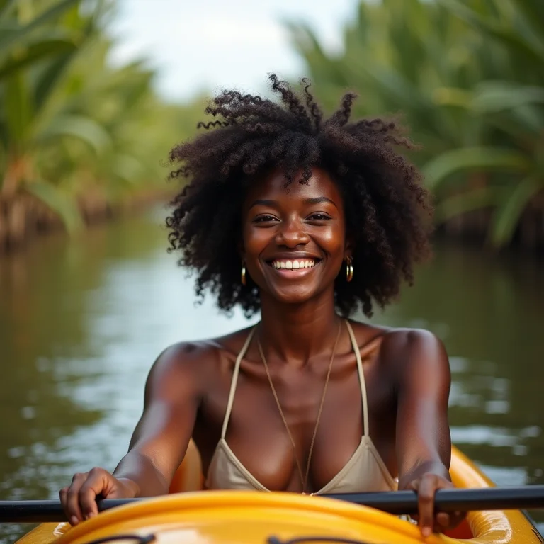 Mulher negra sorrindo enquanto faz canoagem no Pantanal