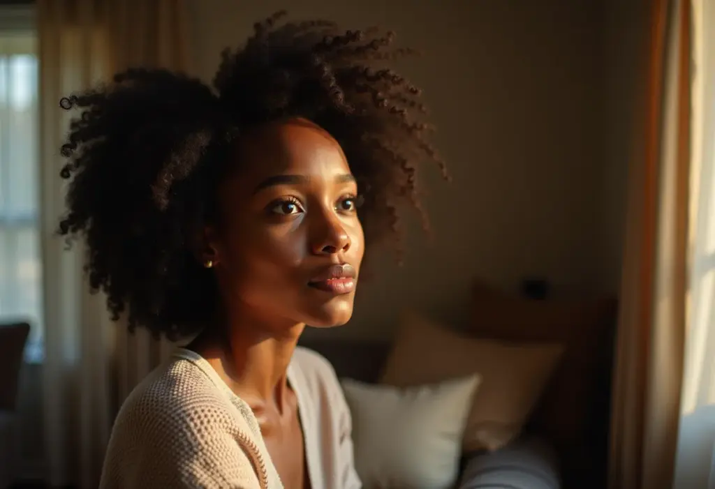 Multiparentalidade: Como fica a pensão alimentícia? Mulher negra sorrindo enquanto observa foto de família, representando multiparentalidade