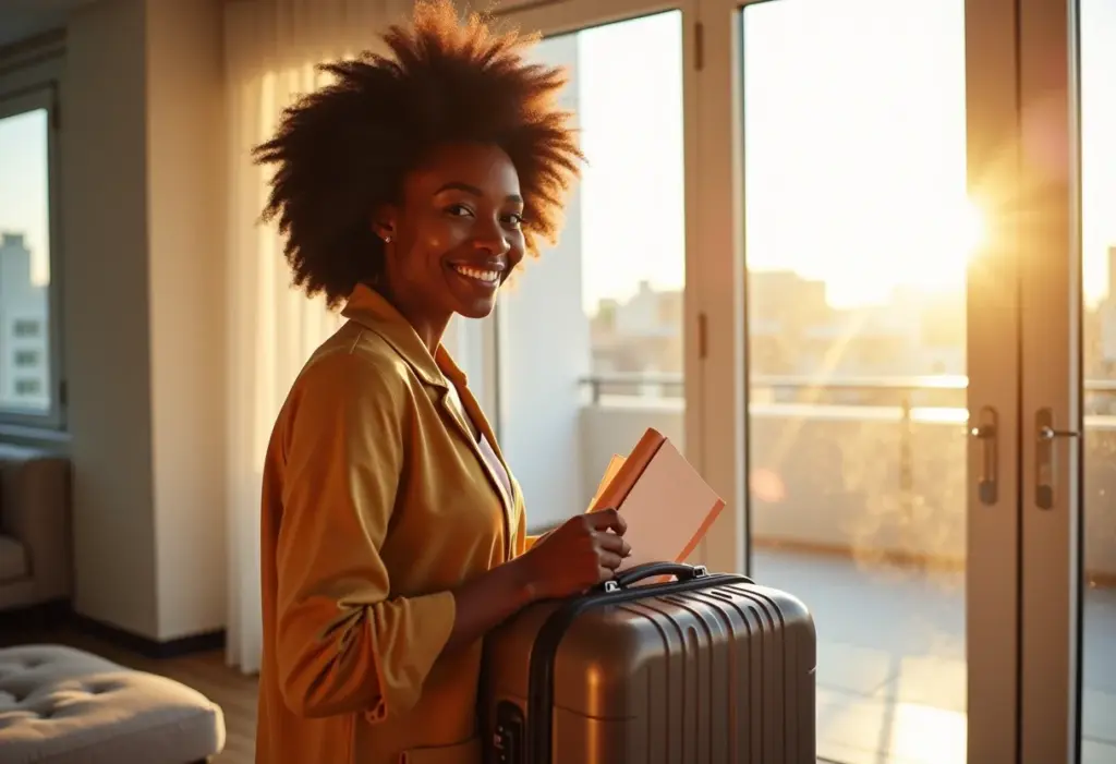 Mulher negra sorrindo enquanto organiza documentos de viagem para o passaporte.