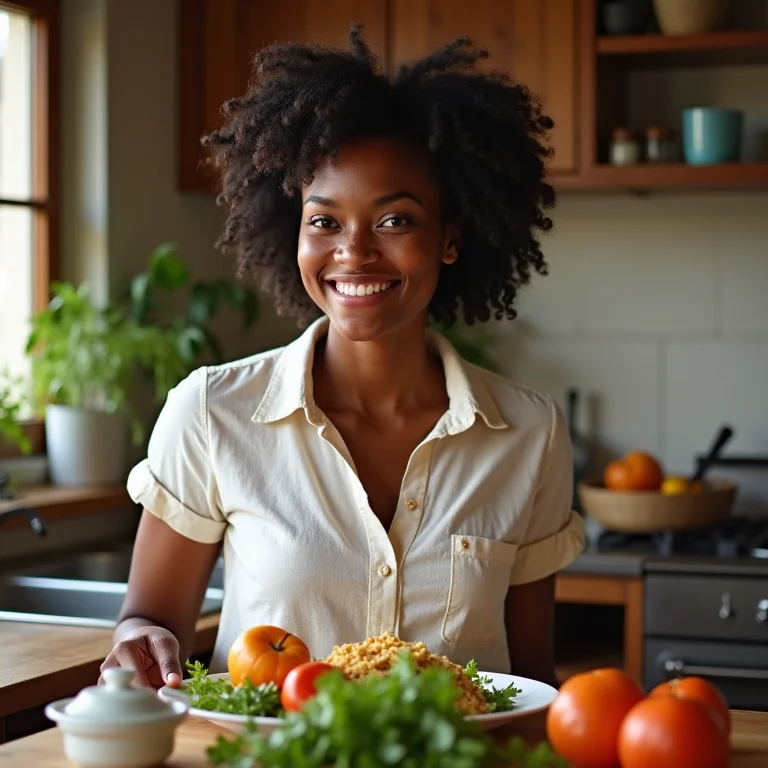 Mulher negra sorrindo enquanto tempera uma moqueca.