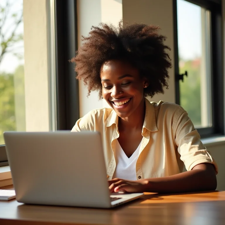 Mulher negra sorrindo enquanto usa laptop para otimizar SEO