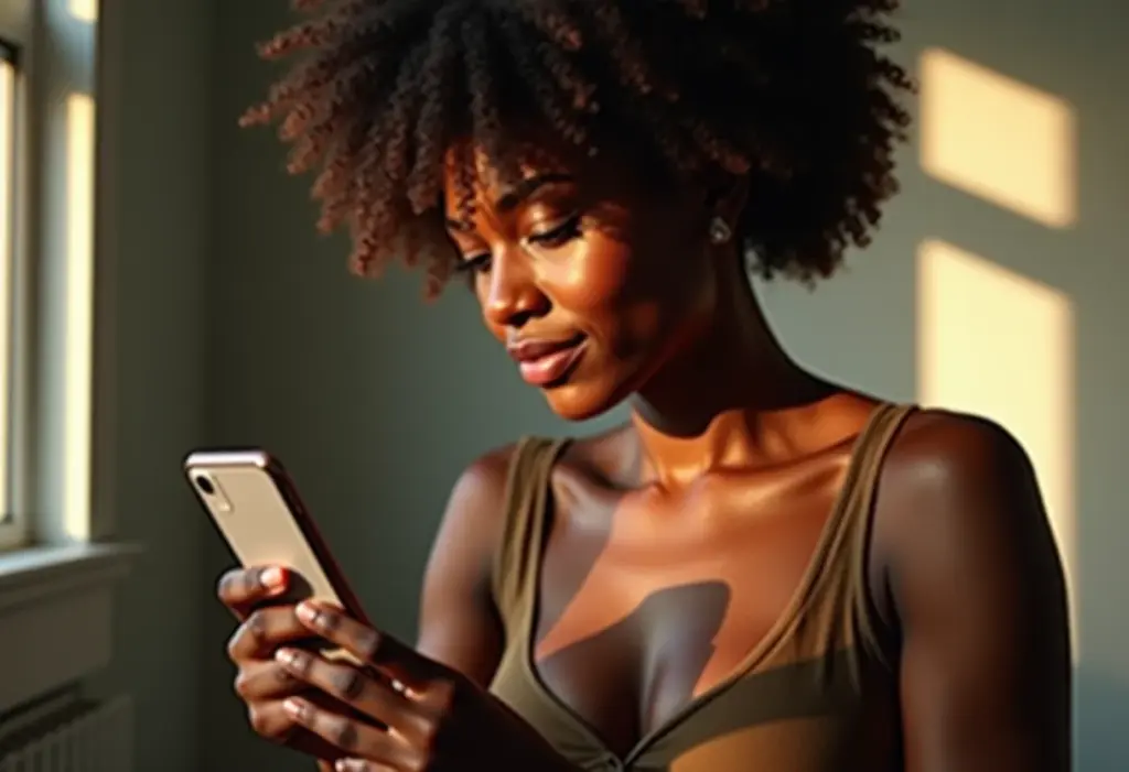 Stories do Instagram: Os truques secretos que ninguém te conta Mulher negra sorrindo enquanto usa o Instagram Stories.
