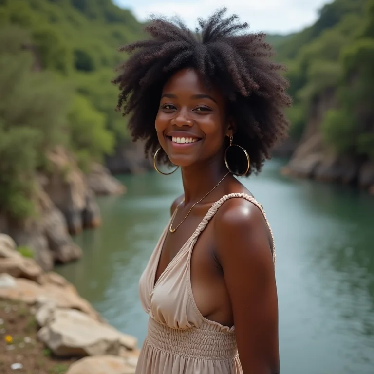 Mulher negra sorrindo na Cachoeira dos Couros