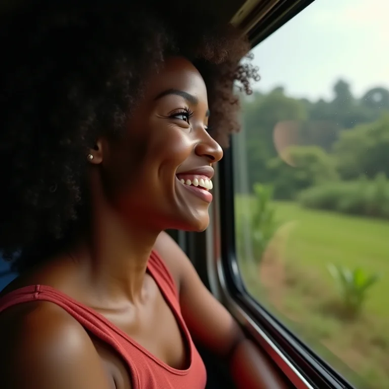 Mulher negra sorrindo na janela do Trem do Pantanal