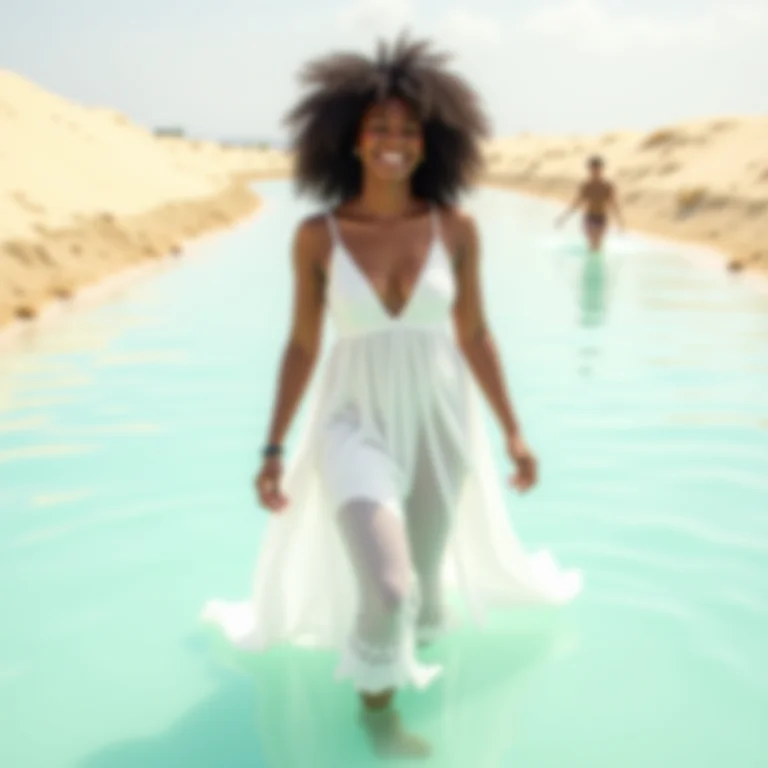 Mulher negra sorrindo nas lagoas dos Lençóis Maranhenses