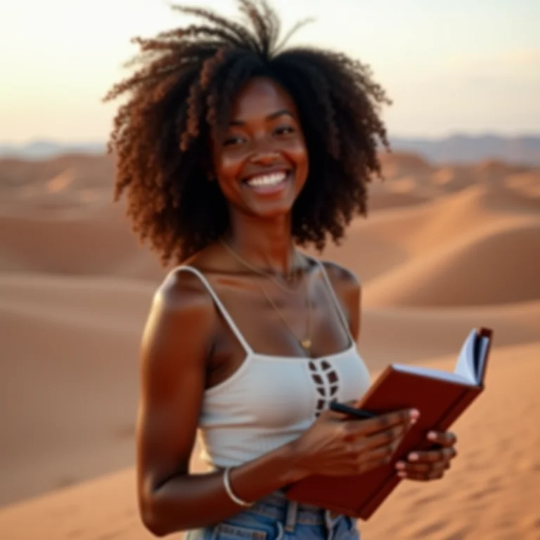 Mulher negra sorrindo no Deserto do Atacama, planejando sua viagem