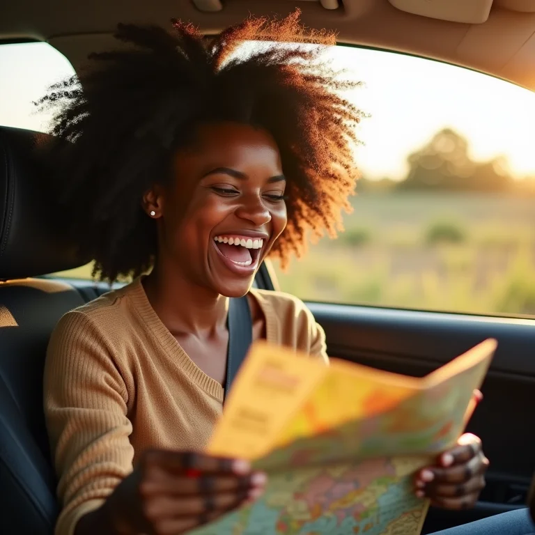 Mulher negra sorrindo olhando mapa da Rio-Santos