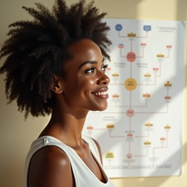 Mulher negra sorrindo olhando para árvore genealógica