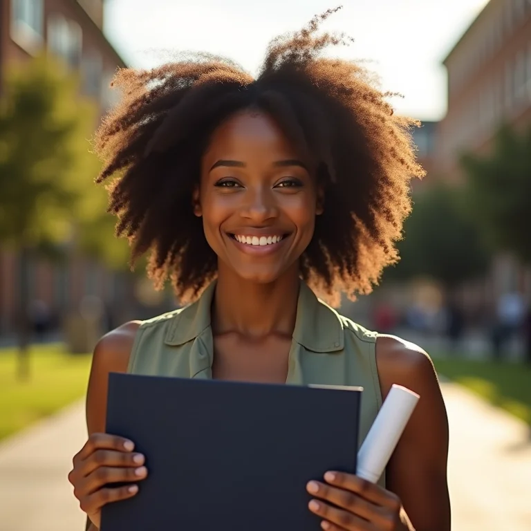 Mulher negra sorrindo, segurando diploma universitário.