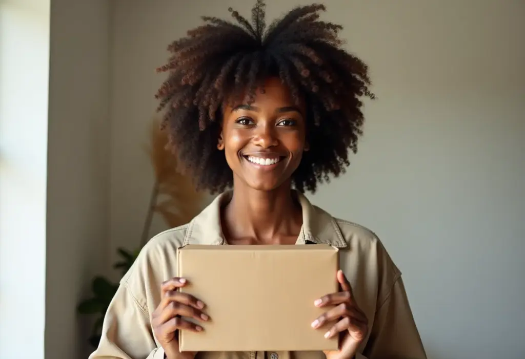 Alfandega: O segredo para não ter sua compra barrada Mulher negra sorrindo segurando encomenda. Alfândega sem medo.