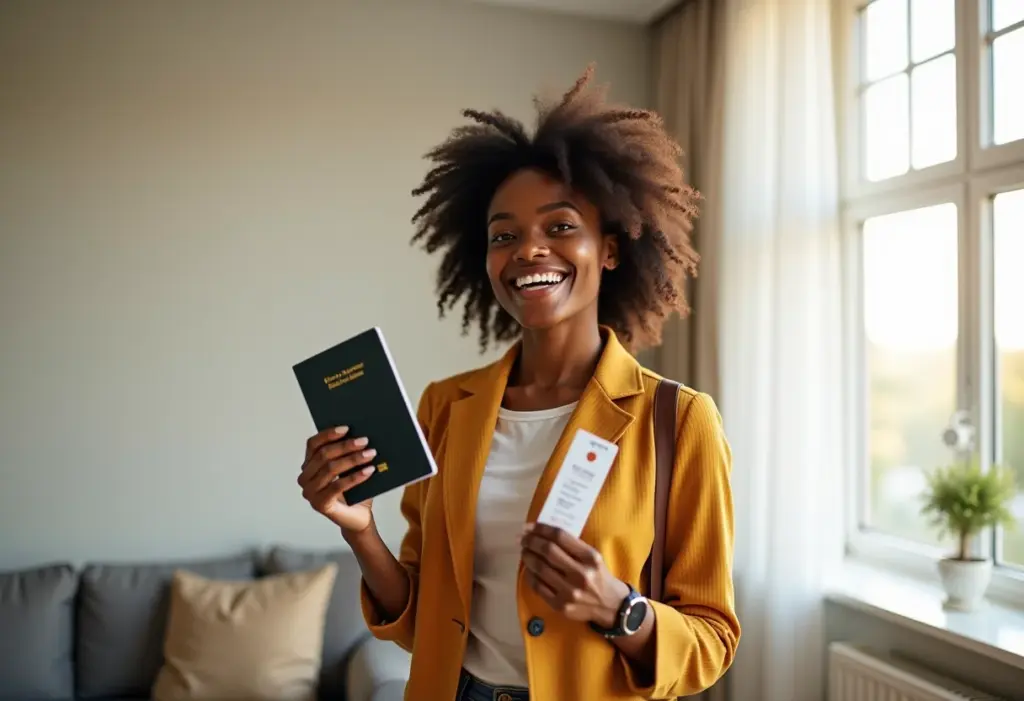 Mulher negra sorrindo segurando passaporte e passagem aérea, planejando viagem