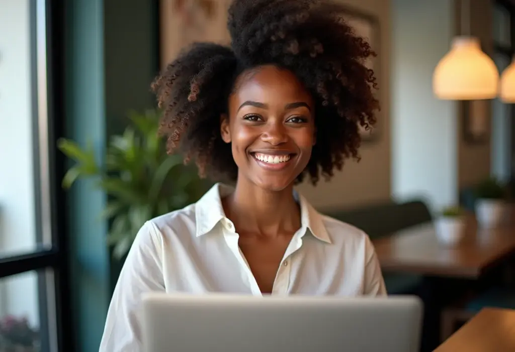 Mulher negra sorrindo usando notebook, representando busca de emprego online.