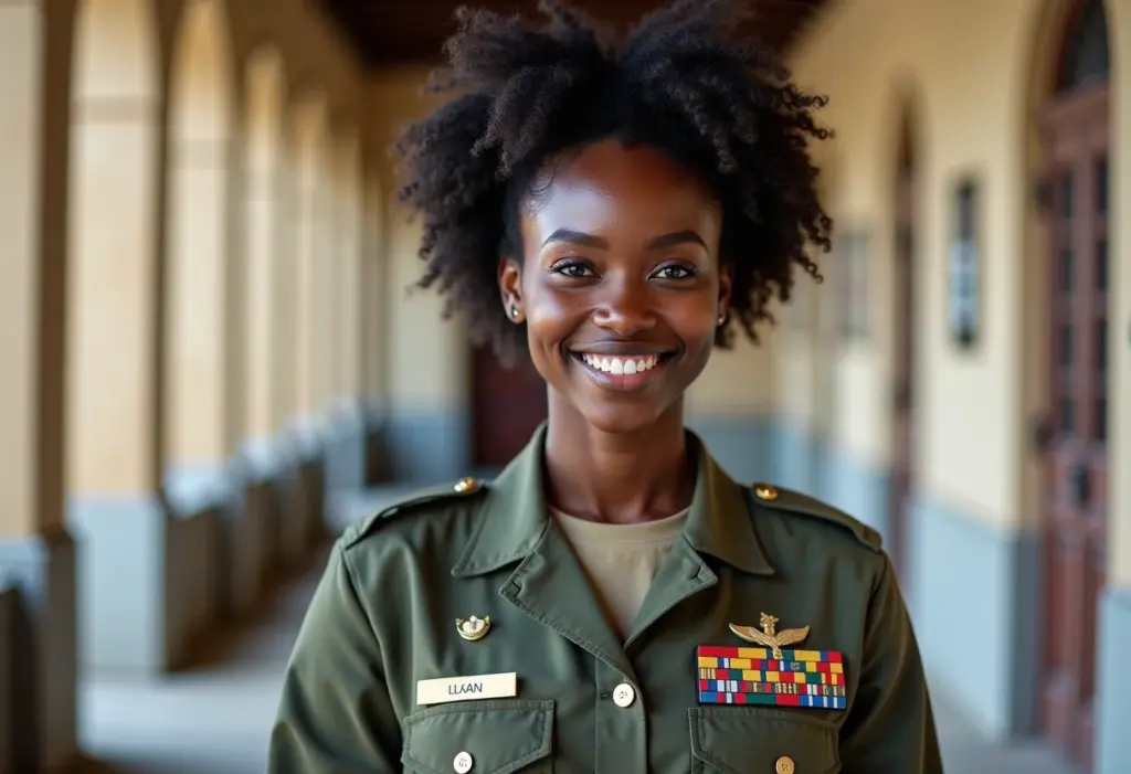 Concurso Exército: O guia supremo para APROVAÇÃO GARANTIDA Mulher negra sorrindo, vestindo farda militar, representando aprovação em concurso do Exército
