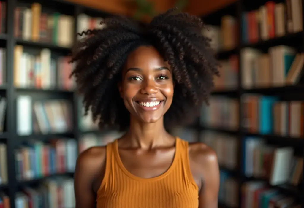 Mulher negra sorrindo, vestindo roupa confortável e elegante para congresso acadêmico