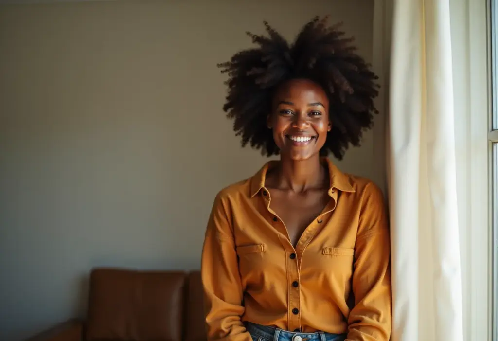 Moda Comfy: o guia definitivo para um look estiloso e confortável Mulher negra sorrindo, vestindo roupa confortável e estilosa
