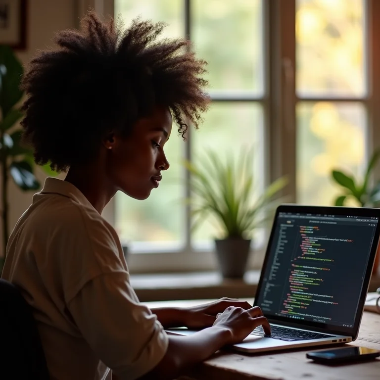 Mulher negra usando a técnica Pomodoro enquanto trabalha no computador