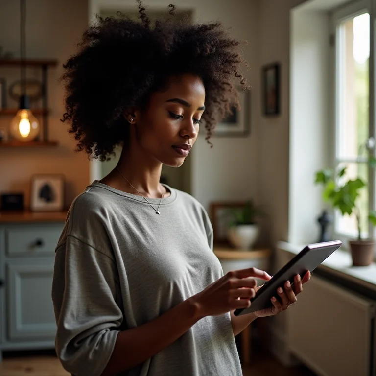 Mulher negra usando RA para visualizar móveis em casa