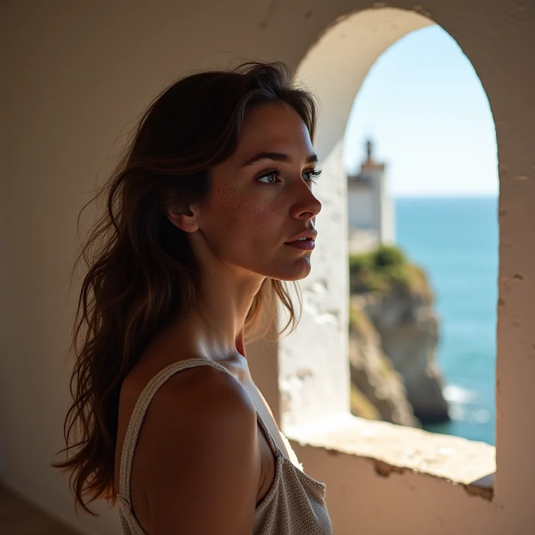 Mulher olhando a vista do oceano do Farol de Santa Luzia.