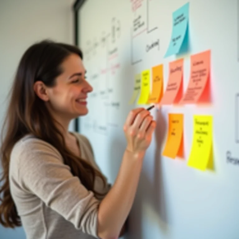 Mulher organizando conceitos teóricos em um quadro branco