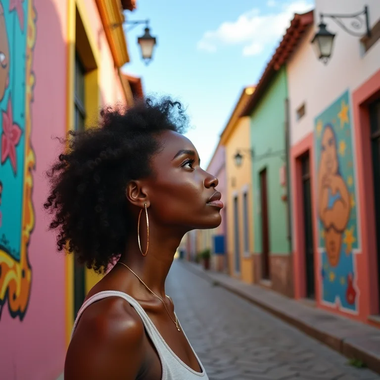 Mulher parda admirando arte de rua no centro histórico de Florianópolis