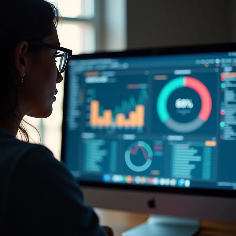 Mulher parda analisando dados de website em software.