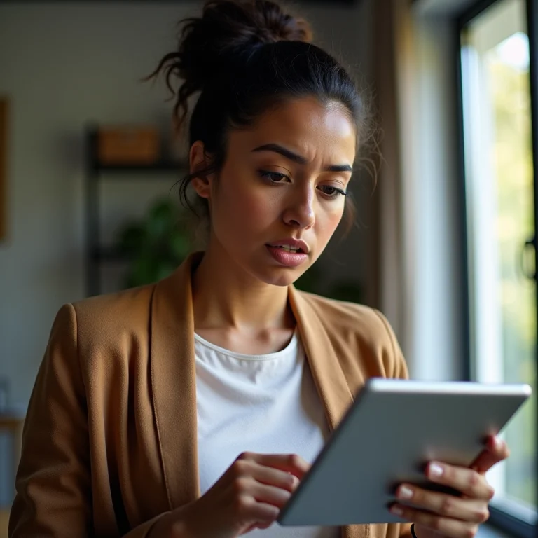 Mulher parda analisando relatórios financeiros em tablet
