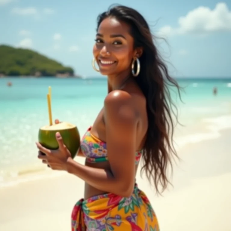 Mulher parda bebendo água de coco na Praia da Cueira, Ilha de Boipeba
