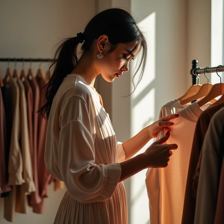 Mulher parda considerando uma compra de forma consciente