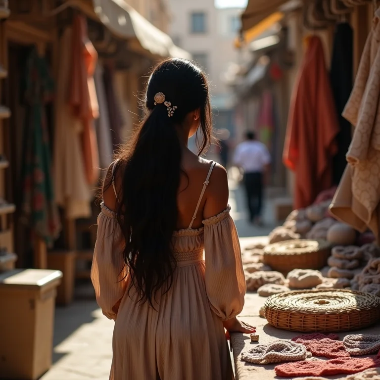 Mulher parda explorando mercado de artesanato local no Egito