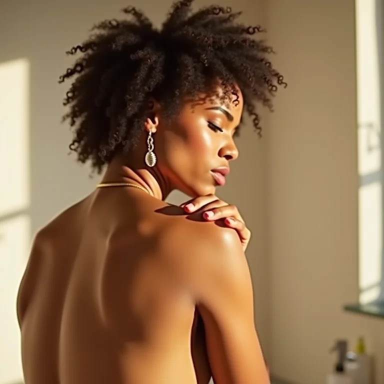 Mulher parda massageando óleo de banho nos ombros.