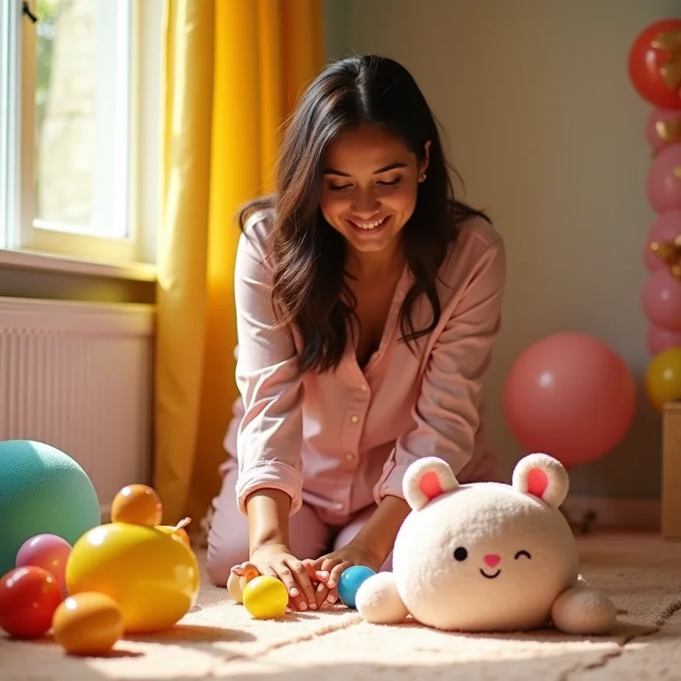 Mulher parda organizando área de recreação segura para crianças em festa.