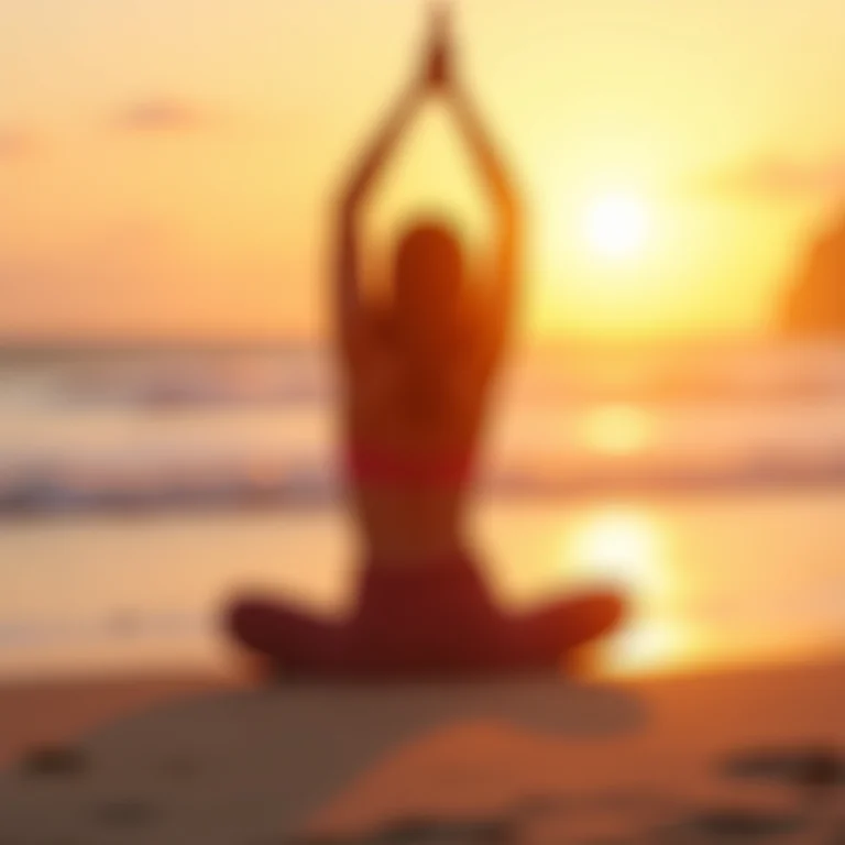 Mulher parda praticando yoga na Praia do Rosa ao nascer do sol