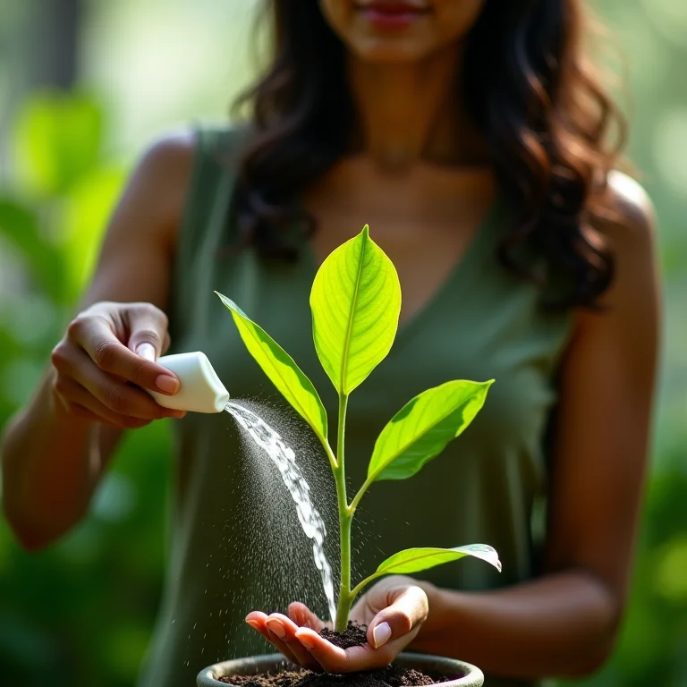 Mulher parda regando uma planta, simbolizando novos começos.