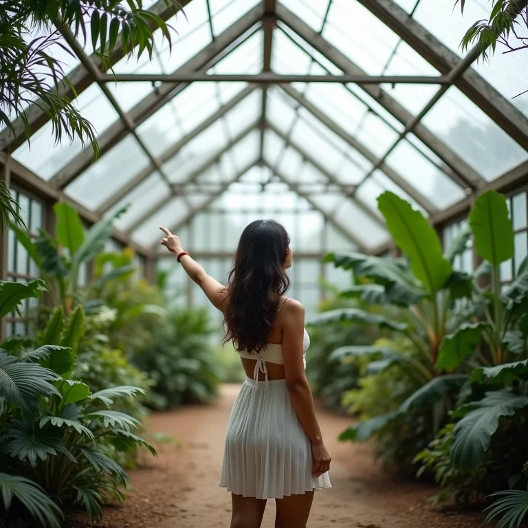 Mulher parda/latina admirando o design geométrico da estufa do Jardim Botânico