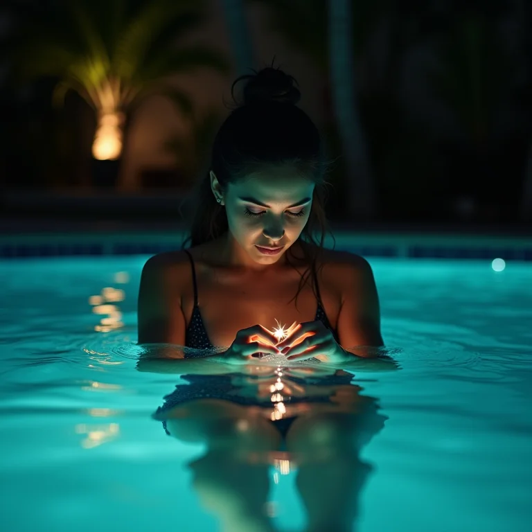 Mulher parda/latina ajustando a iluminação subaquática da piscina