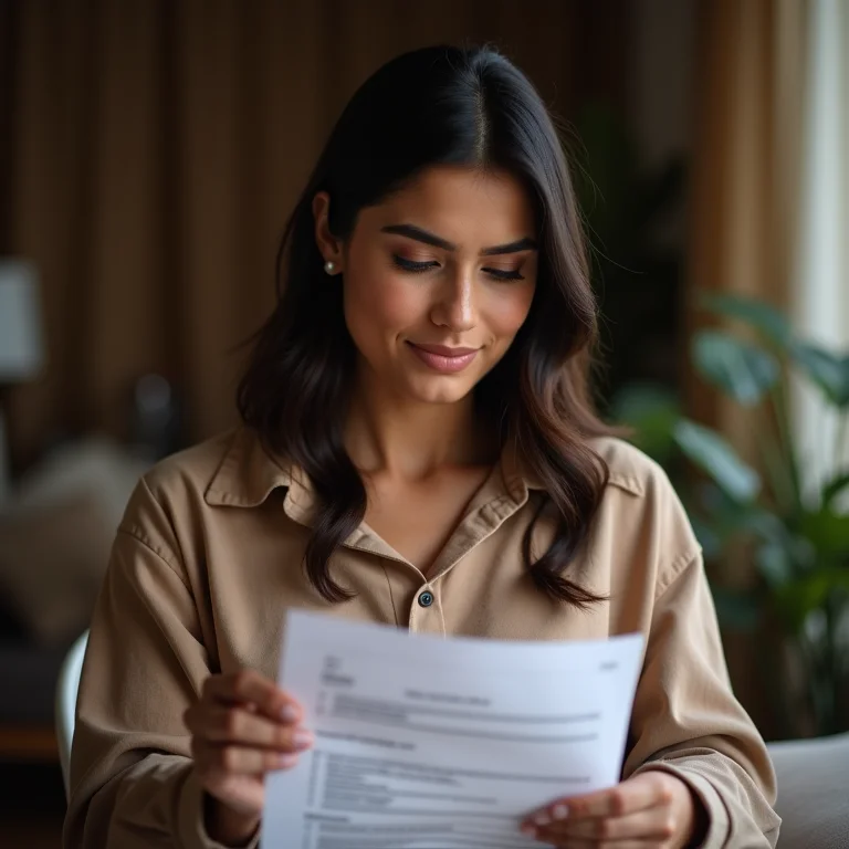 Mulher parda/latina analisando documentos sobre pensão alimentícia no contexto da multiparentalidade