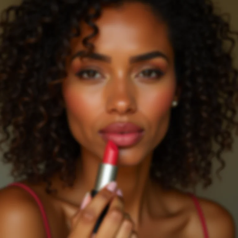 Mulher parda/latina aplicando batom em um tom que realça sua beleza natural, com base em sua coloração pessoal.