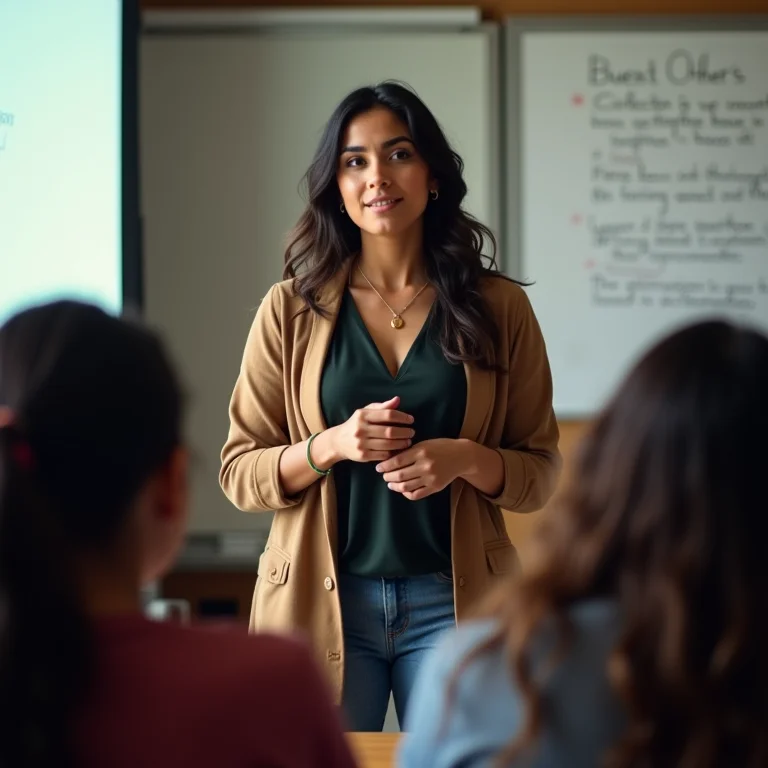 Mulher parda/latina apresentando projeto, representando a colaboração como motor da inovação educacional.