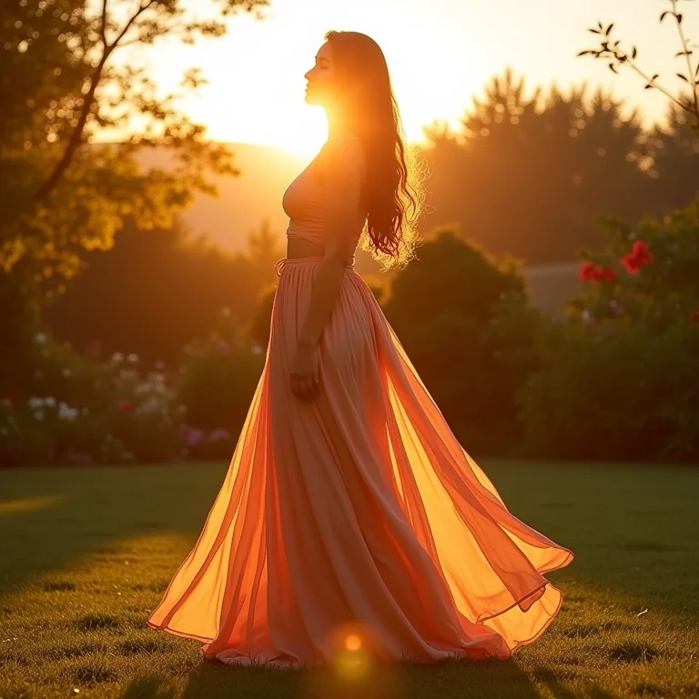Mulher parda/latina com saia longa de tecido fluido